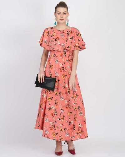 Ladies Peach Color Short Sleeve Floral Dress