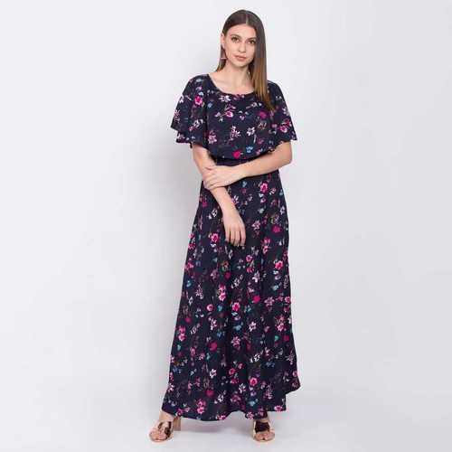 Indian Ladies Blue Color Short Sleeve Floral Dress