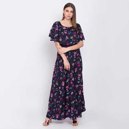 Ladies Blue Color Short Sleeve Floral Dress