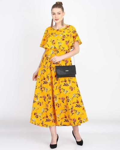 Ladies Yellow Color Short Sleeve Floral Dress