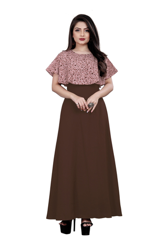 Ladies Brown Color Short Sleeve Floral Dress