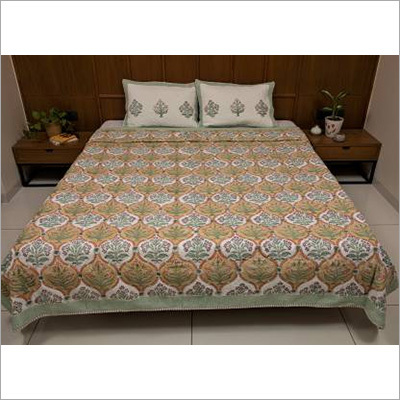 Yellow Cotton Double Floral Printed Quilted Bed Cover