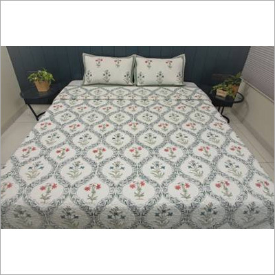 White-Grey Cotton Double Floral Quilted Bed Cover