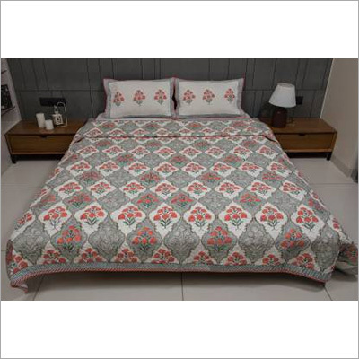 Peach - Grey Cotton Floral Quilted Bedsheet