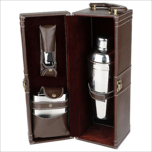 Cocktail Bar Set - Stainless Steel & Leather, 500ml - 750ml Capacity, Silver & Brown, Polished Finish, Elegant Professional Design