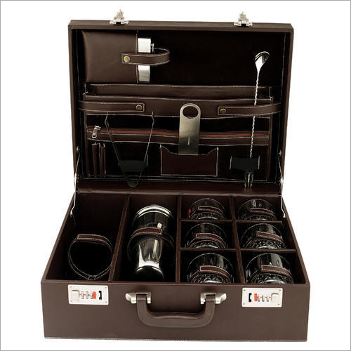 Cocktail Bar Set - Leather & Metal Medium Size, Brown Color | Portable Box-Style Design with Multiple Compartment Latch Lock and Carry Handle