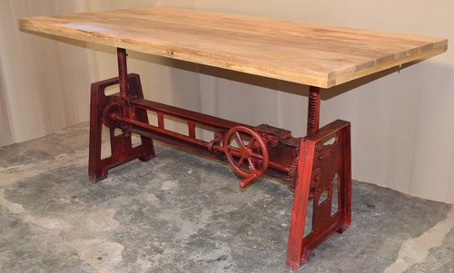 Vintage Red Finish Reclaimed Wood Top Industrial Crank Table
