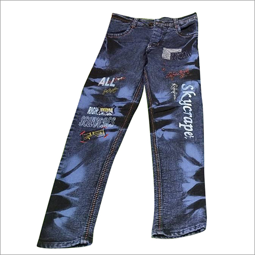 Kids Dark Denim Printed Jeans - Blue Color, Washable Fabric, Stylish Design for Boys | Versatile for Rainy, Spring, Summer, and Winter Seasons