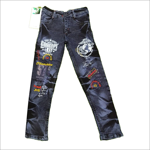 Washable Kids Grey Denim Printed Jeans