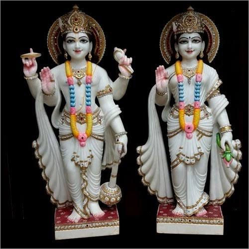 Multicolor Printed Marble Laxmi Vishnu Statue