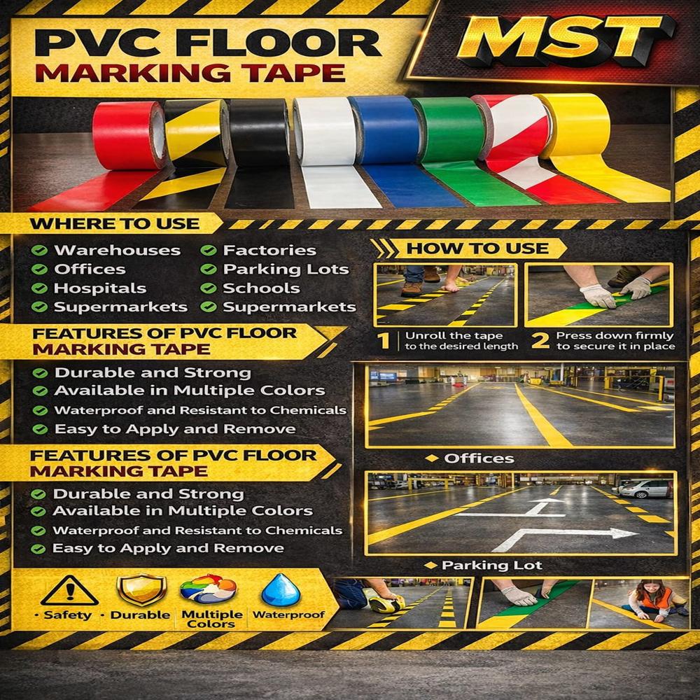 PVC Floor Marking Tape - Polyester Material, 24 Months Shelf Life, Black and Yellow Color | Single-Sided Adhesive, Solvent and Water Resistant