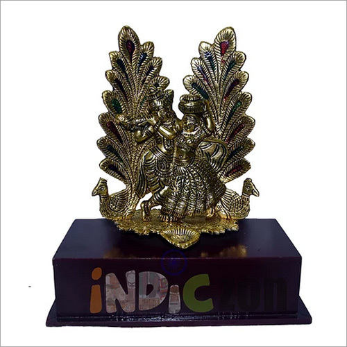 Gold Plated Metal Radha Krishna Statue With Diya