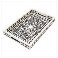 Bone Inlay Tray - Bone & Wood, Varied Sizes, Black | Elegant Design, Intricate Floral Inlay, Durable Material, Side Handles, Easy To Clean