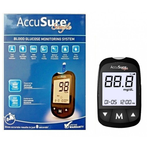 Accusure Simple Blood Glucometer Machine With 25 Strips Color Code: Black