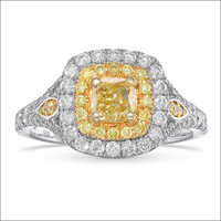 1.38 Carats Cushion Fancy Yellow Double Halo 18k Gold Diamond Ring