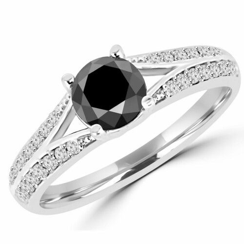 Round Shape Black Diamond Rings With Side Accents Lab Grown Diamonds 14k White Gold 1.5 Ct Diamond Clarity: Vs2