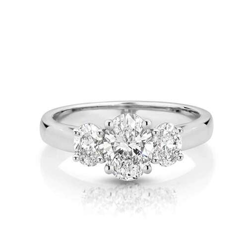 Oval Shape Three Stone Diamond Ring In Synthetic Diamonds In 10k White Gold 2 Ct Diamond Clarity: Vs2