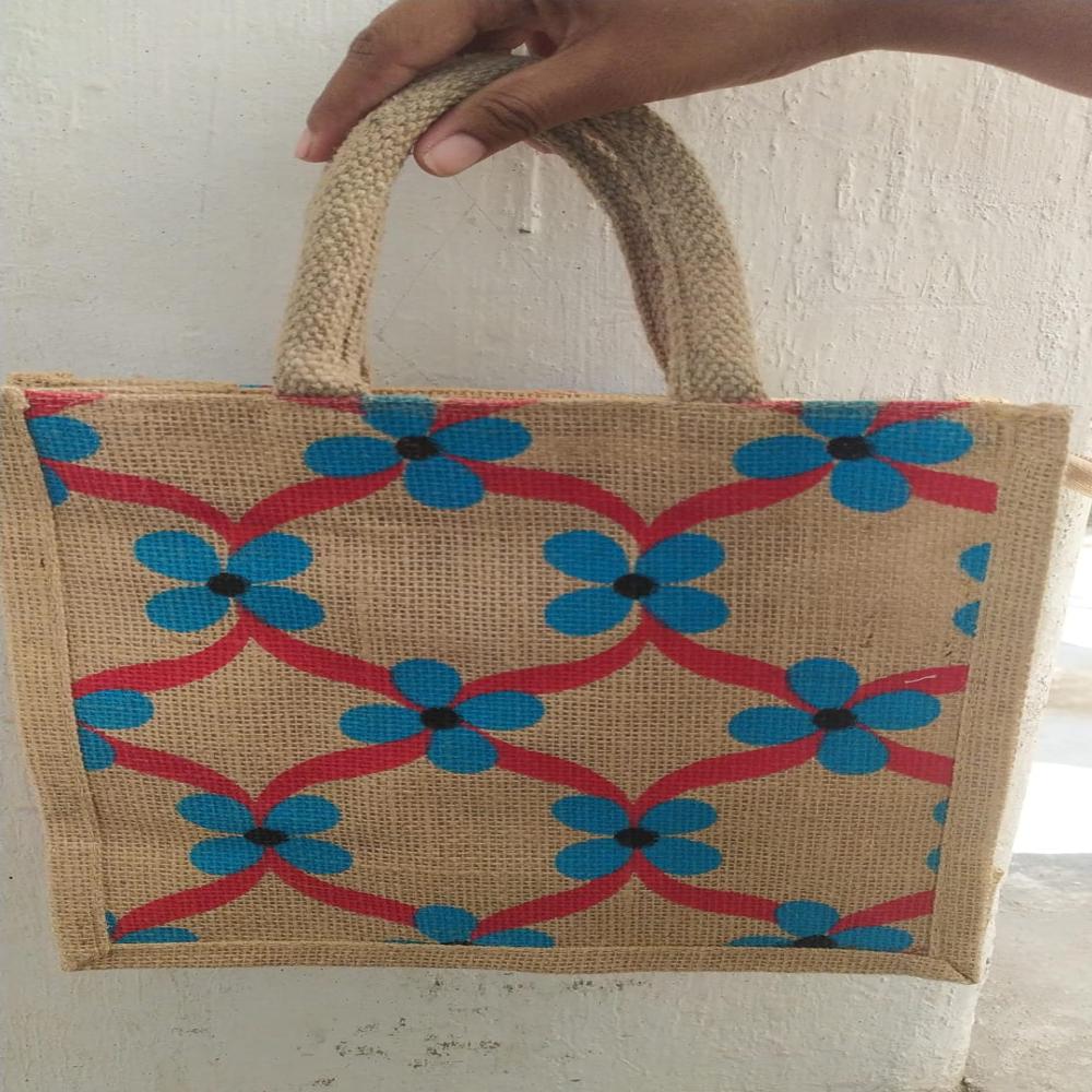 General Jute Bag - 14"x15"x3", Mixed Colour, Vest Handle | Reusable, Customized Design, Eco-friendly For Shopping And Thamboolam