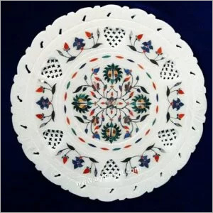 White Italian Marble Decorative Net Inlay Work Round Plate