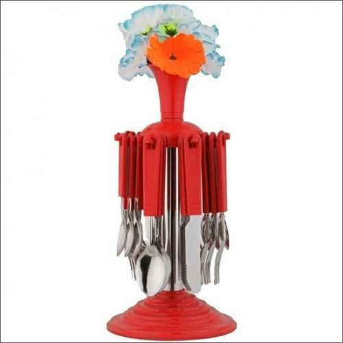 Plastic All In One Red Round Stand Cutlery Set