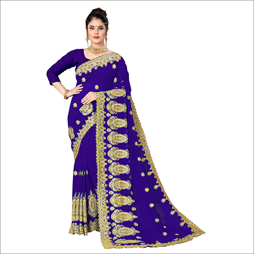 Casual Ladies Blue Embroidery Saree