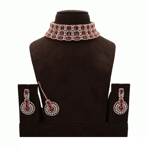 American Diamond Necklace With Maang Tikka Ruby