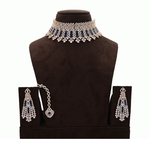 American Diamond Necklace With Maang Tikka blue Stone