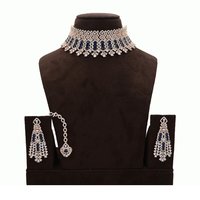 American Diamond Necklace With Maang Tikka blue Stone
