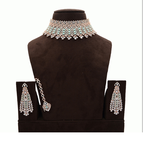 American Diamond Necklace With Maang Tikka lime blue Stone