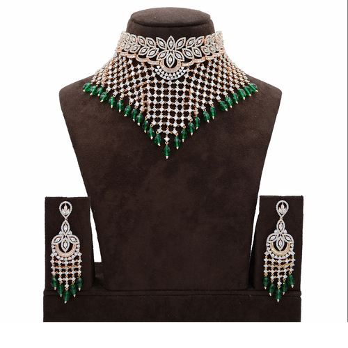 American Diamond Necklace With Emerald beads By Emerald NX