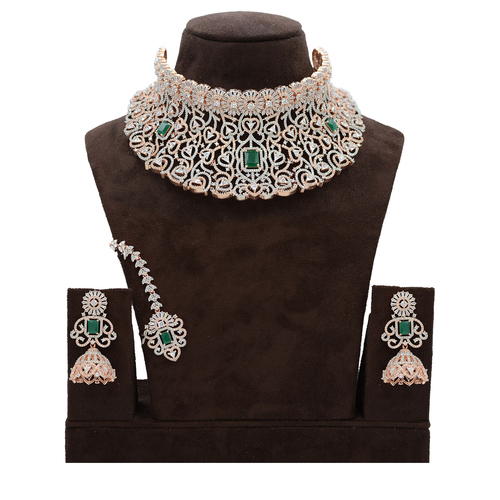 American Diamond Necklace With Maang Tikka Emerald