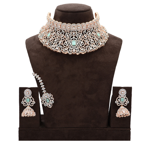 American Diamond Necklace With Maang Tikka Lime Blue Stone