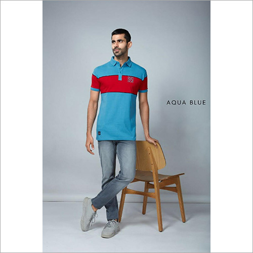 Mens Aqua Blue And Red T-Shirt By OMAN TRADING INTERNATIONAL INC
