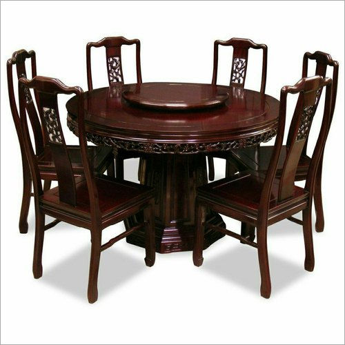 Teak Wood Dining Table Set - Counter Height, Round Shape | Antique Brown Finish, Polished, 6 Seater with Backrest