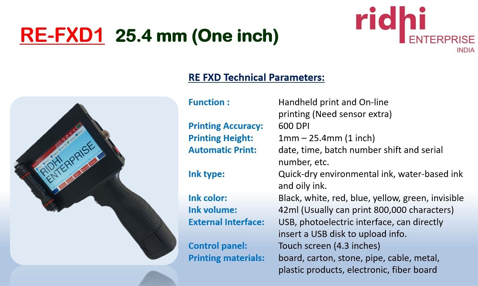 RE-FXD1 Handheld Digital Inkjet Printer 1 inch printing