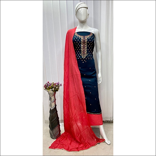 Indian Ladies Cotton Silk Embroidery Navy Blue Suit