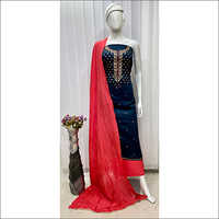 Ladies Cotton Silk Embroidery Navy Blue Suit