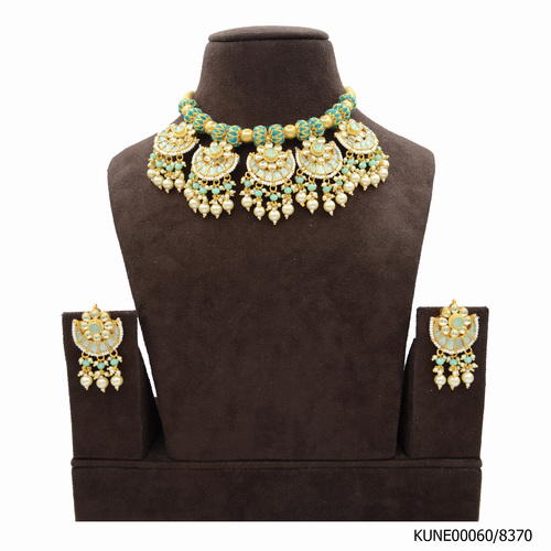 Kundan Necklace Set Mint Blue  With Pearl Hangings