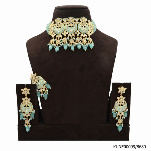 Kundan Necklace Choker With Mang Tikka And Aqua Blue Beads, Meenakari Work