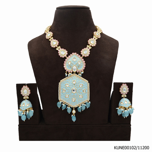 Kundan Necklace Set With Touch Of Mint Blue Mina And Monalisa Hangings
