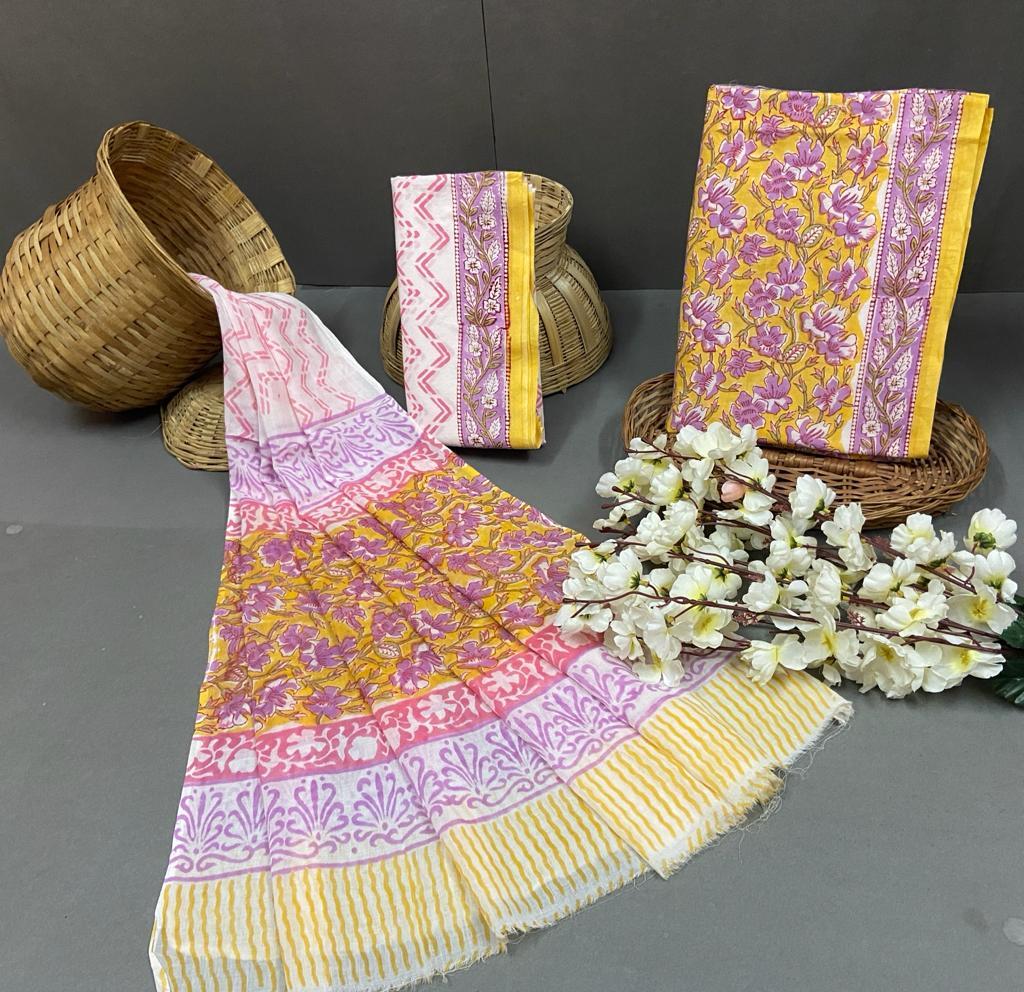 Cotton block printed Unstitched Suit With Cotton Duptta