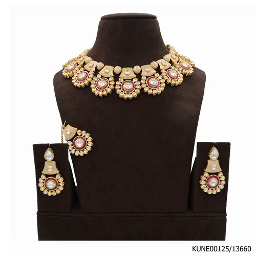 Kundan Necklace Set With Maang Tikka And  Ivory Mina Work