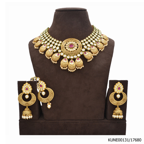 Kundan Necklace Set With Maang Tikka - Kundan, Pearls, Gold Plated, Gold Color | Elegant Design, Intricate Detail, Wedding Wear