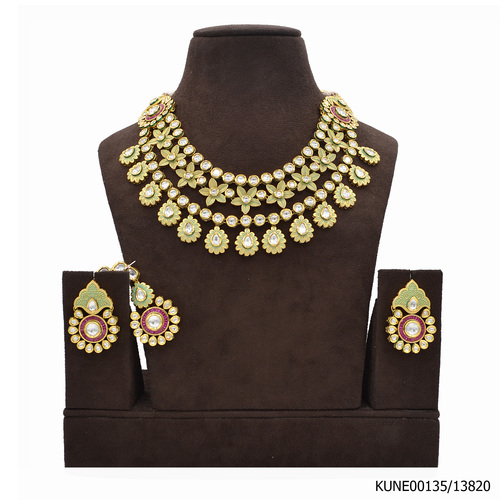 Kundan Necklace set With Green Ivory Mina Work And Maang Tikka