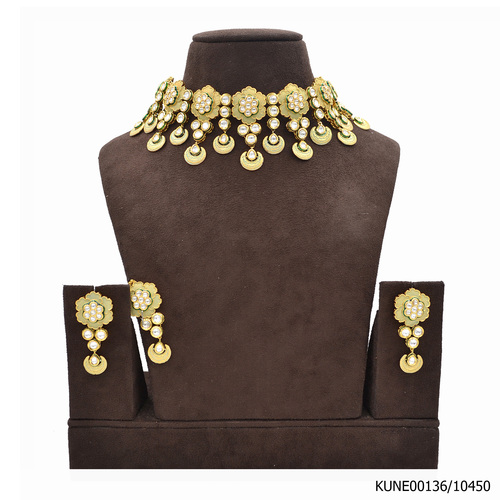 Kundan Necklace set With Green Ivory Mina Work And Maang Tikka