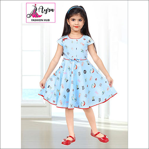 Girls Printed Blue Cotton Frock