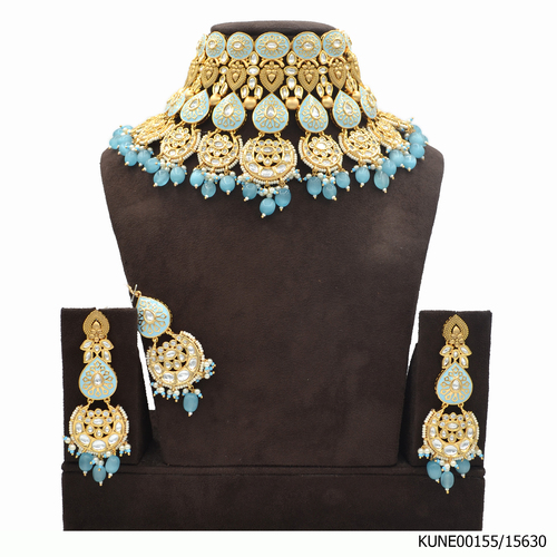 Kundan Necklace Set With Maang Tikka And  Aqua Blue beads With Meenakari Work