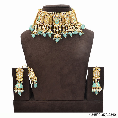 Kundan Necklace Set With Maang Tikka And Aqua Green Beads Meenakri Work