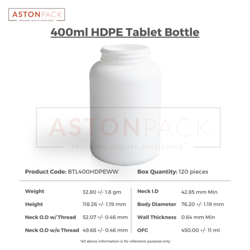 HDPE Tablet / Pill / Capsule Packer Bottle - 400 ml