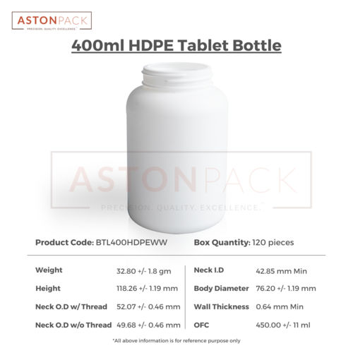 HDPE Tablet / Pill / Capsule Packer Bottle - 400 ml